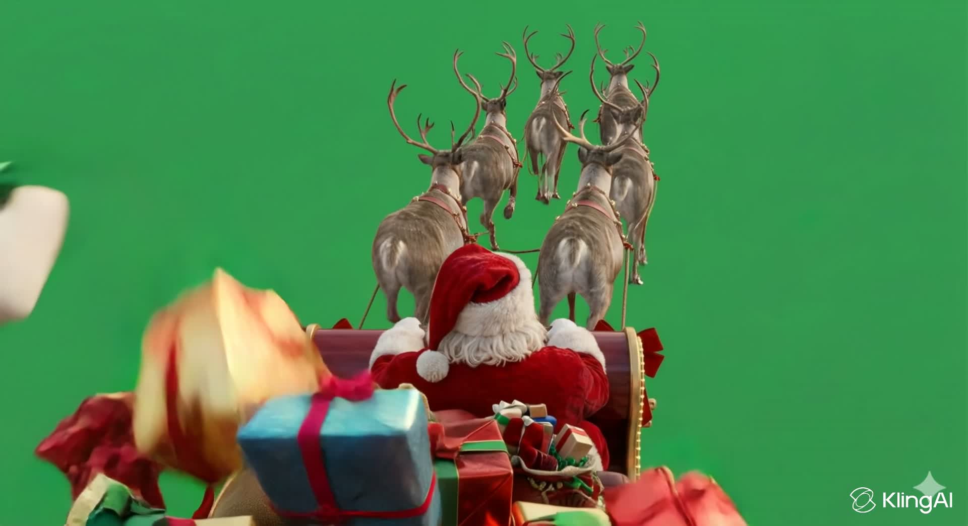 Santa is flying across the sky with reindeer and throwing gifts.