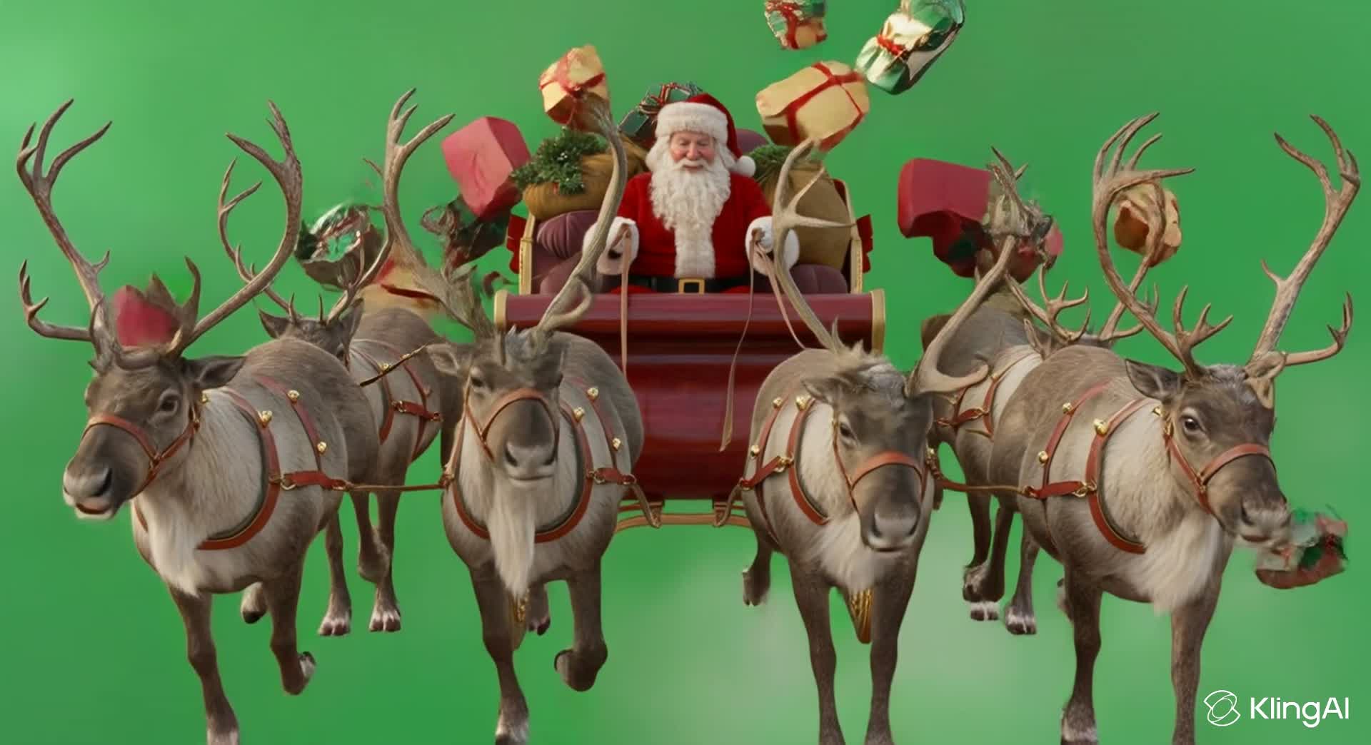 Santa is flying across the sky with reindeer and throwing gifts.