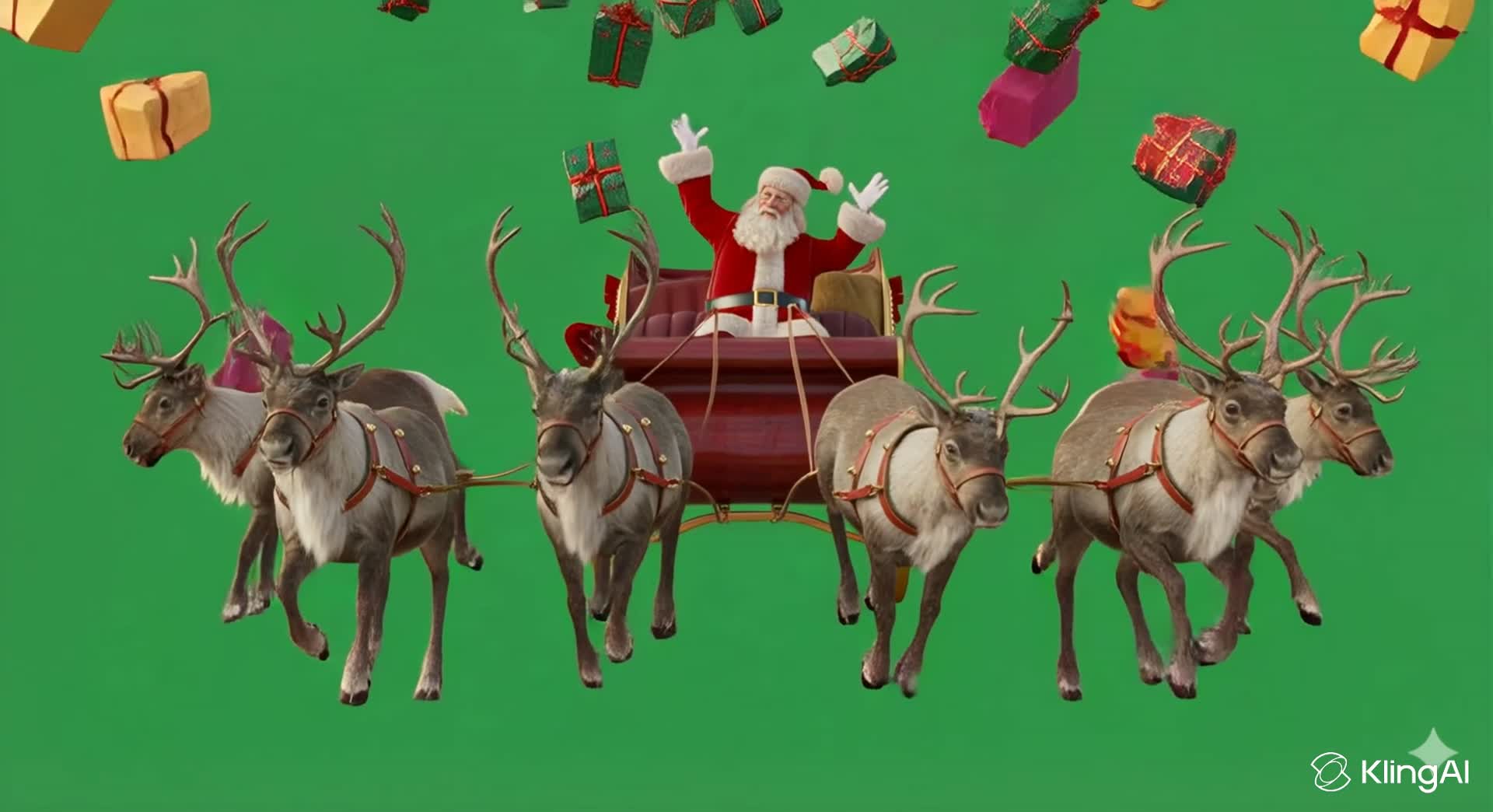 Santa is flying across the sky with reindeer and throwing gifts.
